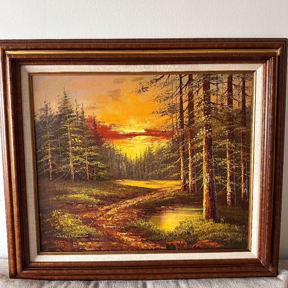 VTG Sunset Forest Landscape Phillip Cantrell Oil Painting Signed Framed 26x30"